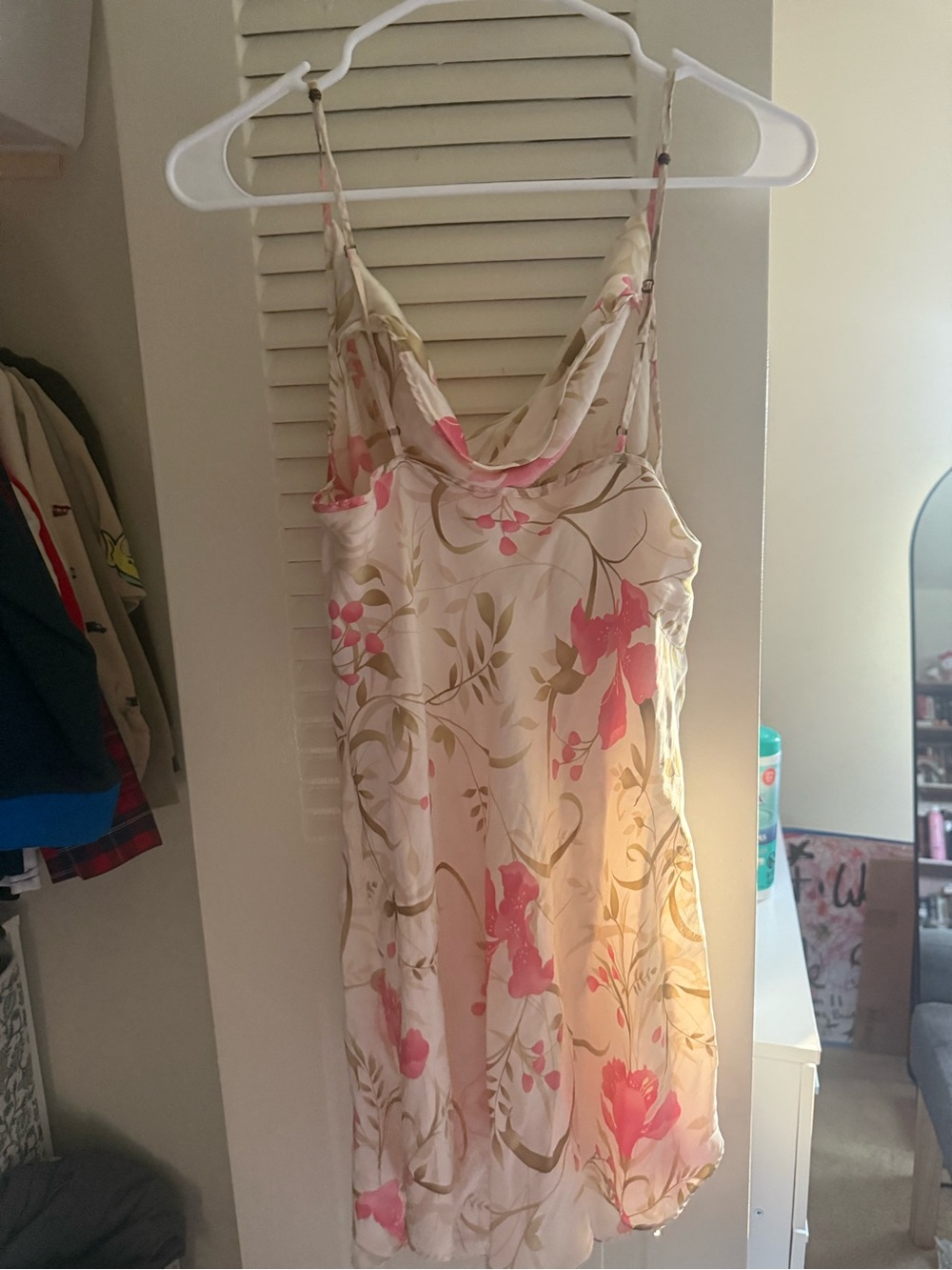 Silk-Feel Cream Floral Cowl Neck Slip Dress - Pink & Cream